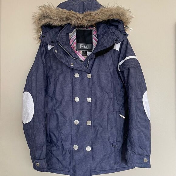 Nils Vintage Retro Y2K Faux Fur Women's Ski Snowboard Jacket Winter Blue - Picture 1 of 13